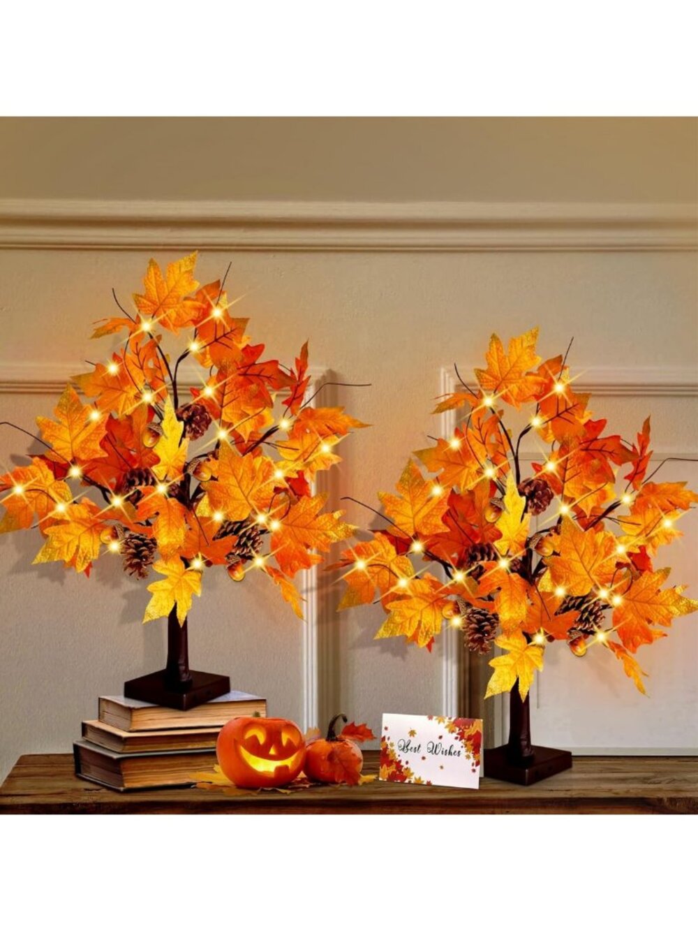 2 Pcs 24" Lighted Artificial Maple Trees - Battery & USB Operated Fall Decor